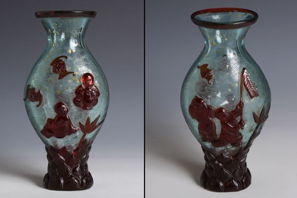 Yahoo!オークション - 6298 中国美術 乾隆ガラス 人物刻瓶 花瓶 花生