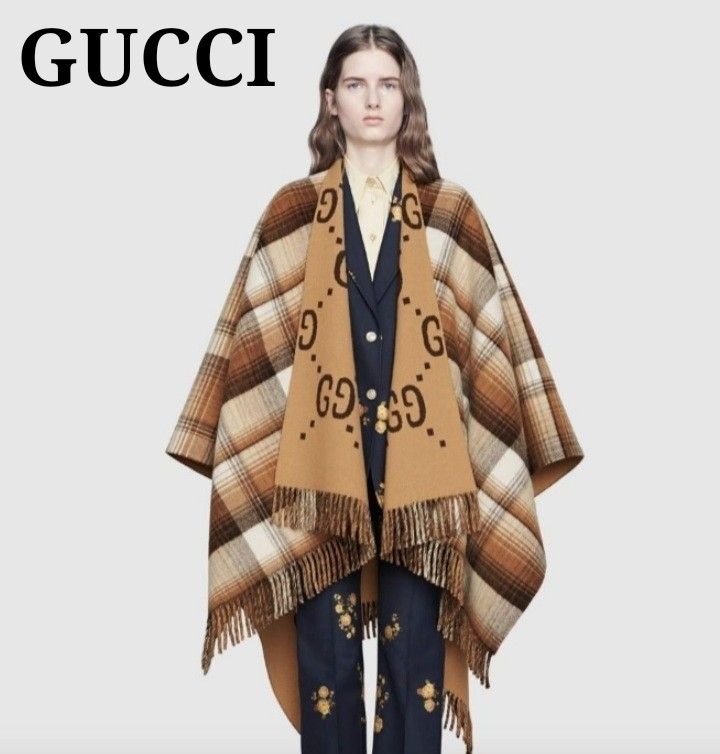 希少限定 グッチ GGロゴ チェック ウール リバーシブル 大判 ポンチョ