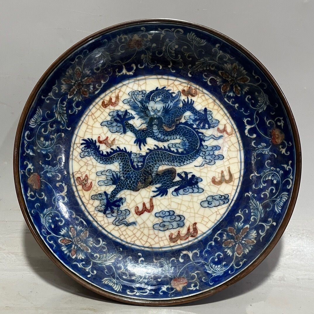 旧家蔵出『清 古銅塗金製造 景泰藍九龍紋嵌宝石盤一対 乾隆年製款 金水