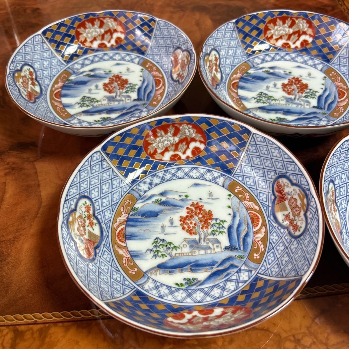 前畑陶器 庫山窯 金彩古伊万里 中鉢揃 5枚セット 中皿 染付山水 色絵