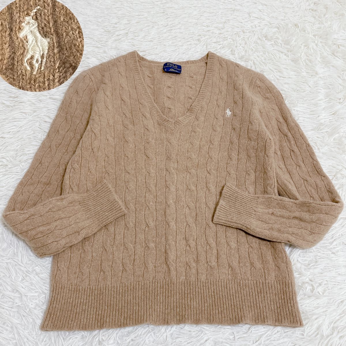 現行 ラルフローレン ケーブルニット カシミヤ混 ポニー刺繍 キャメル