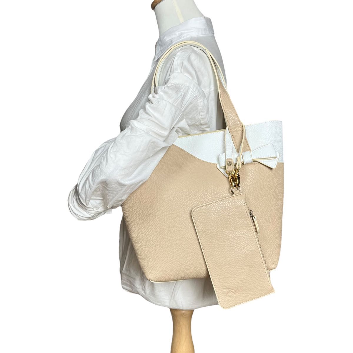 美品 Kitamura キタムラ トートバッグ ポーチ付き レザー ベージュ