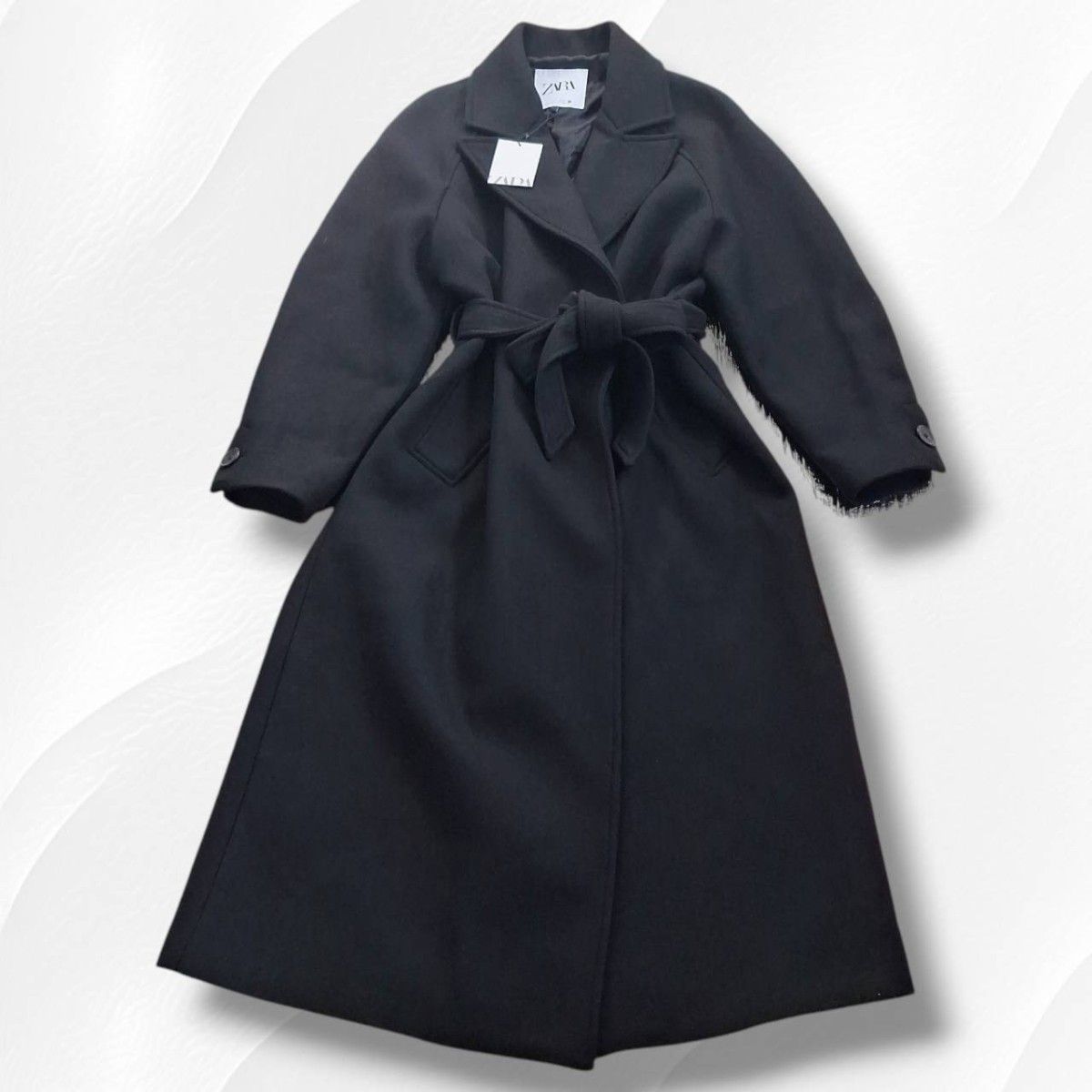 新品 ZARA ザラ チェスターコート ロングコート ベルト付き ウール 黒