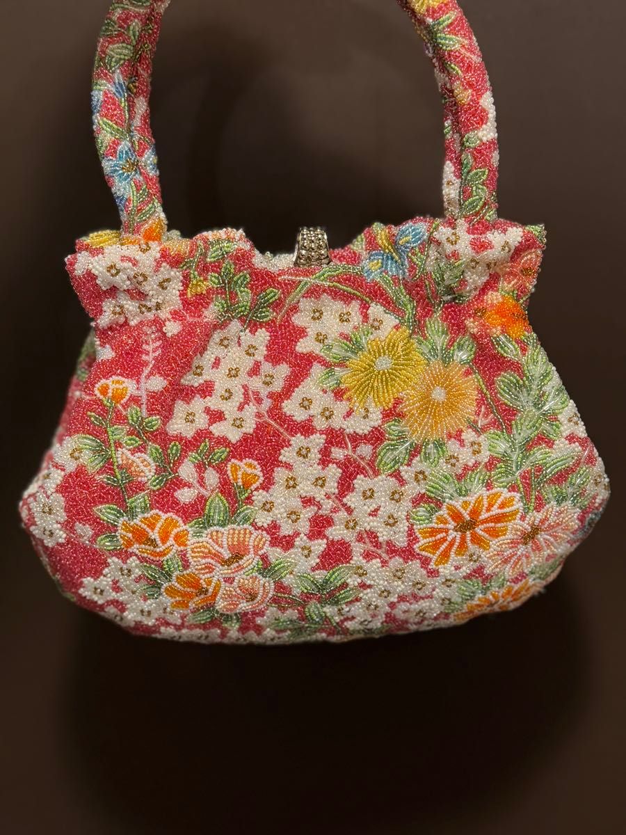 ビーズバッグ 花柄 レトロ ビーズ刺繍 総ビーズバッグ 和装用バッグ 手