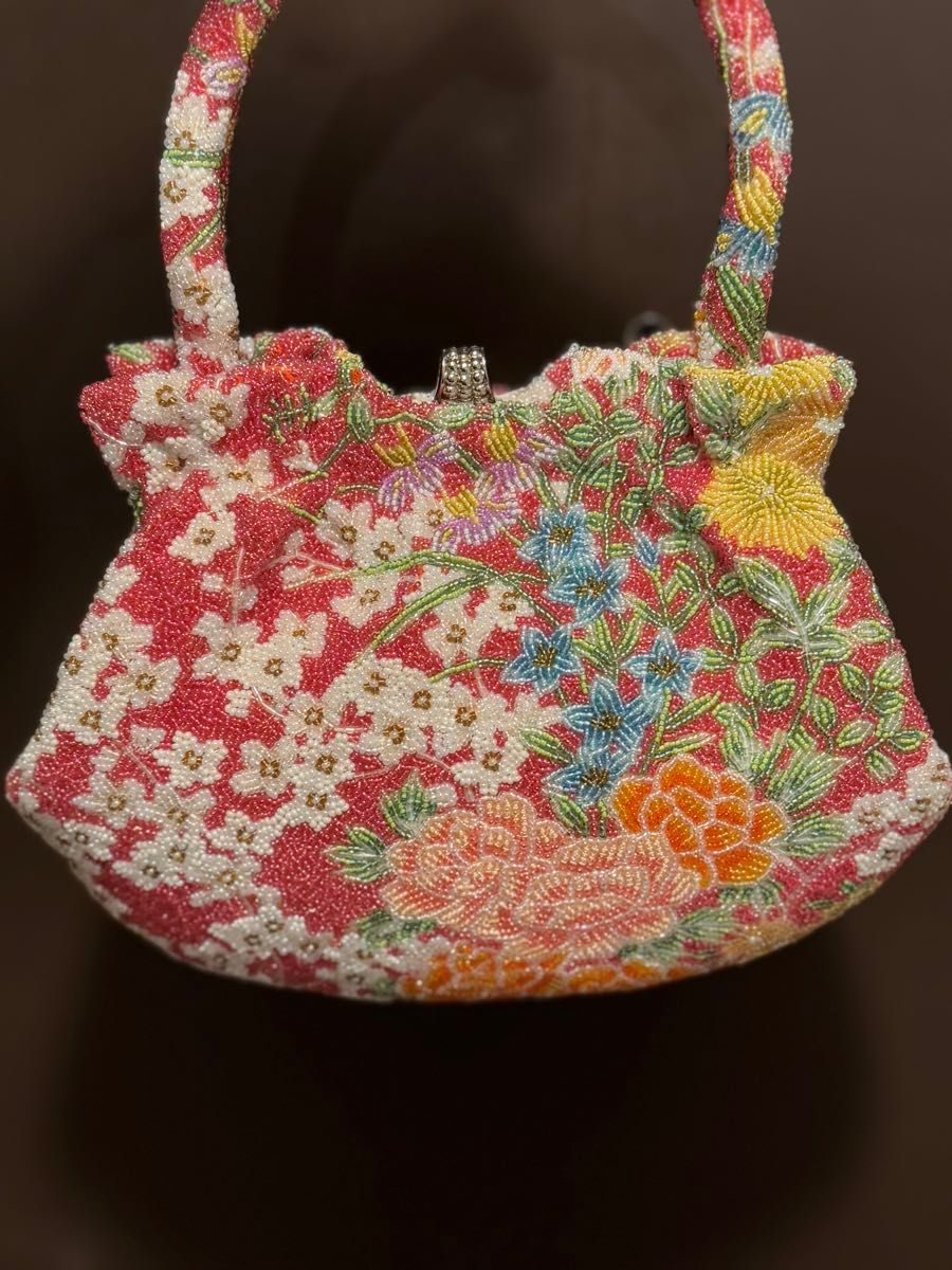 ビーズバッグ 花柄 レトロ ビーズ刺繍 総ビーズバッグ 和装用バッグ 手