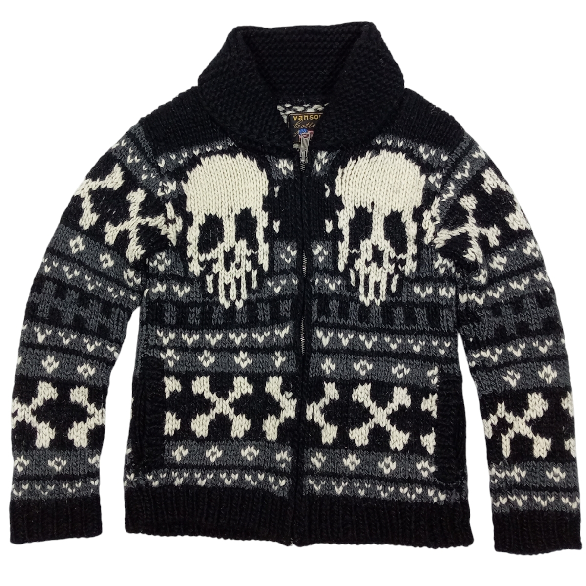 即決 良品 VANSON バンソン カウチン ニット セーター M 黒×白 スカル