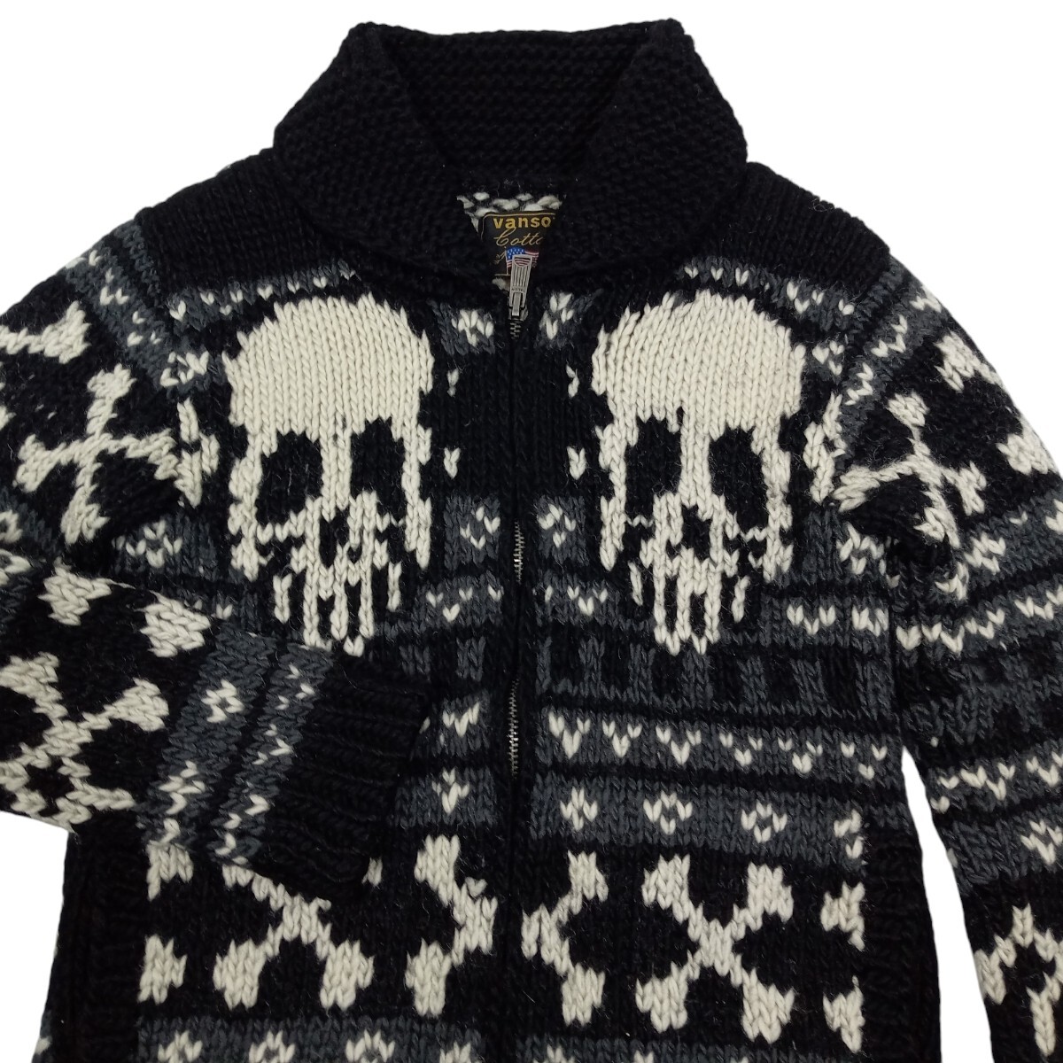 即決 良品 VANSON バンソン カウチン ニット セーター M 黒×白 スカル