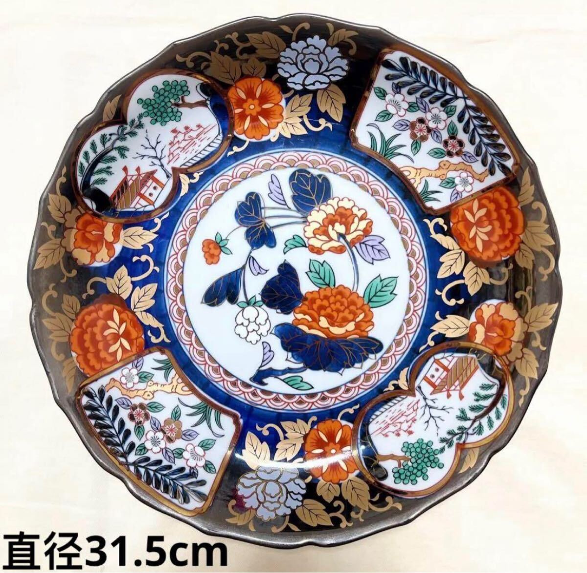 有田焼 吾山窯 古伊万里 金彩染錦牡丹 花山水絵 31cm大皿 盛皿 飾皿