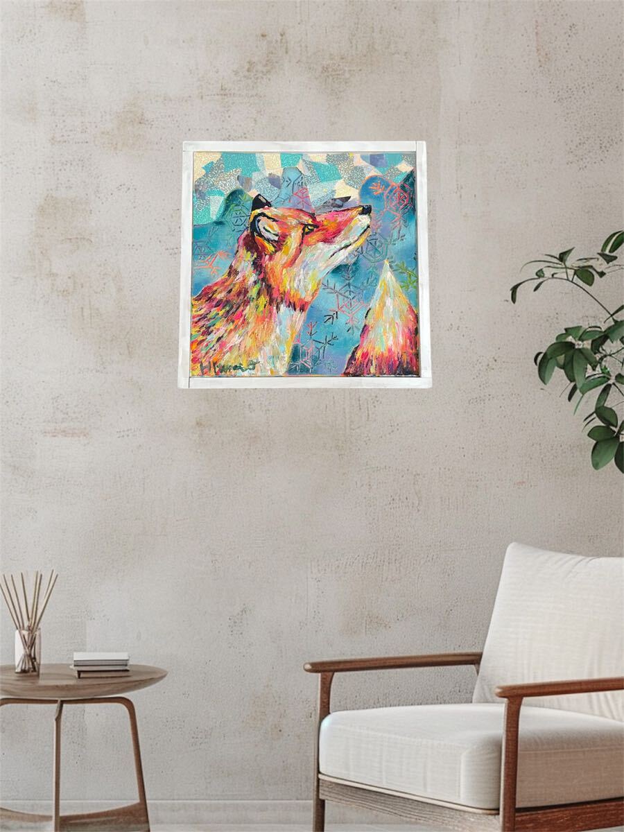真作】キツネの絵画原画 油彩 油絵 4号キャンバス 現代アート 作品証明