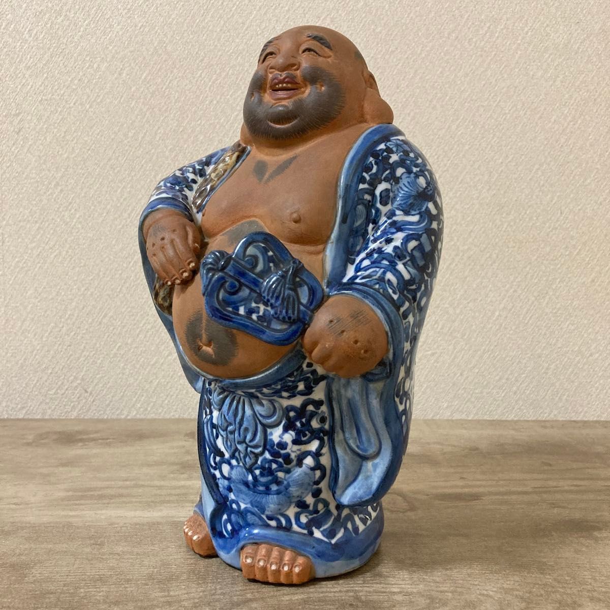 古い九谷焼 布袋様 陶器置物 染付 昭和初期 縁起物〈検七福神 薩摩焼