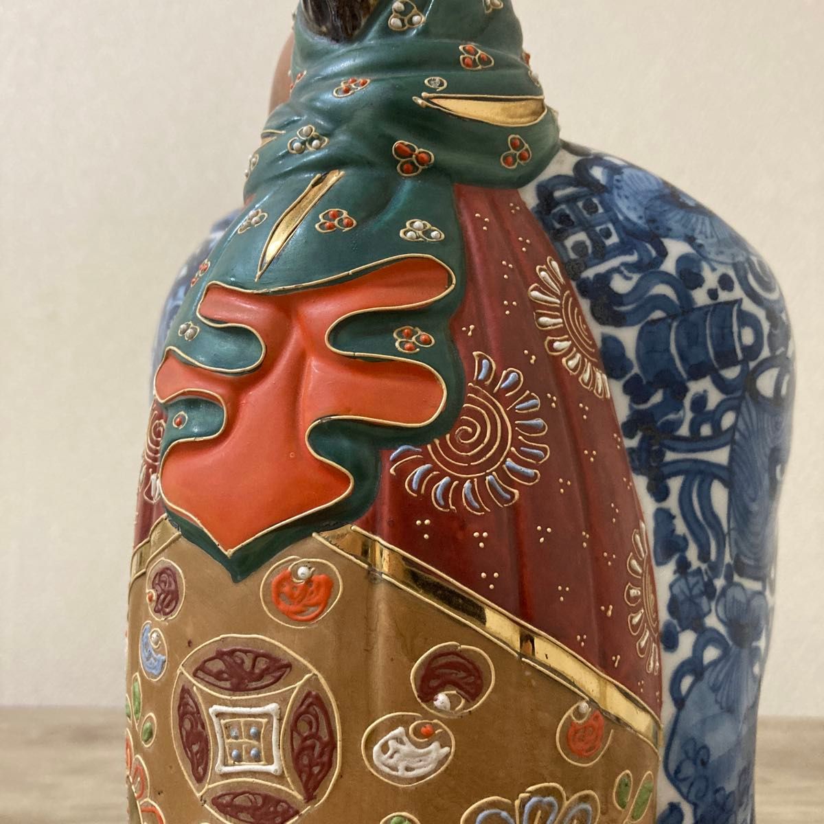 古い九谷焼 布袋様 陶器置物 染付 昭和初期 縁起物〈検七福神 薩摩焼