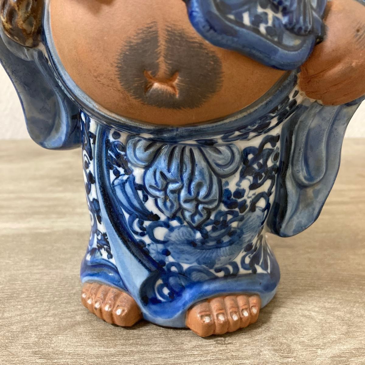 古い九谷焼 布袋様 陶器置物 染付 昭和初期 縁起物〈検七福神 薩摩焼