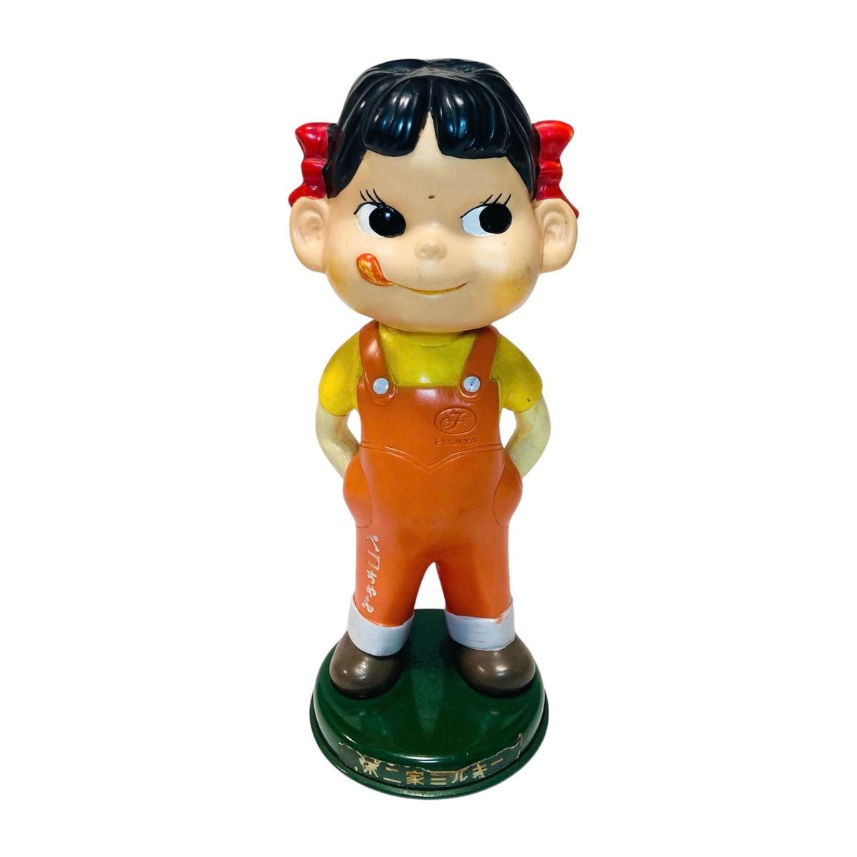 当時物 不二家 首振り人形 ペコちゃん 頭ねじ2本 ソフビ ブリキ台座