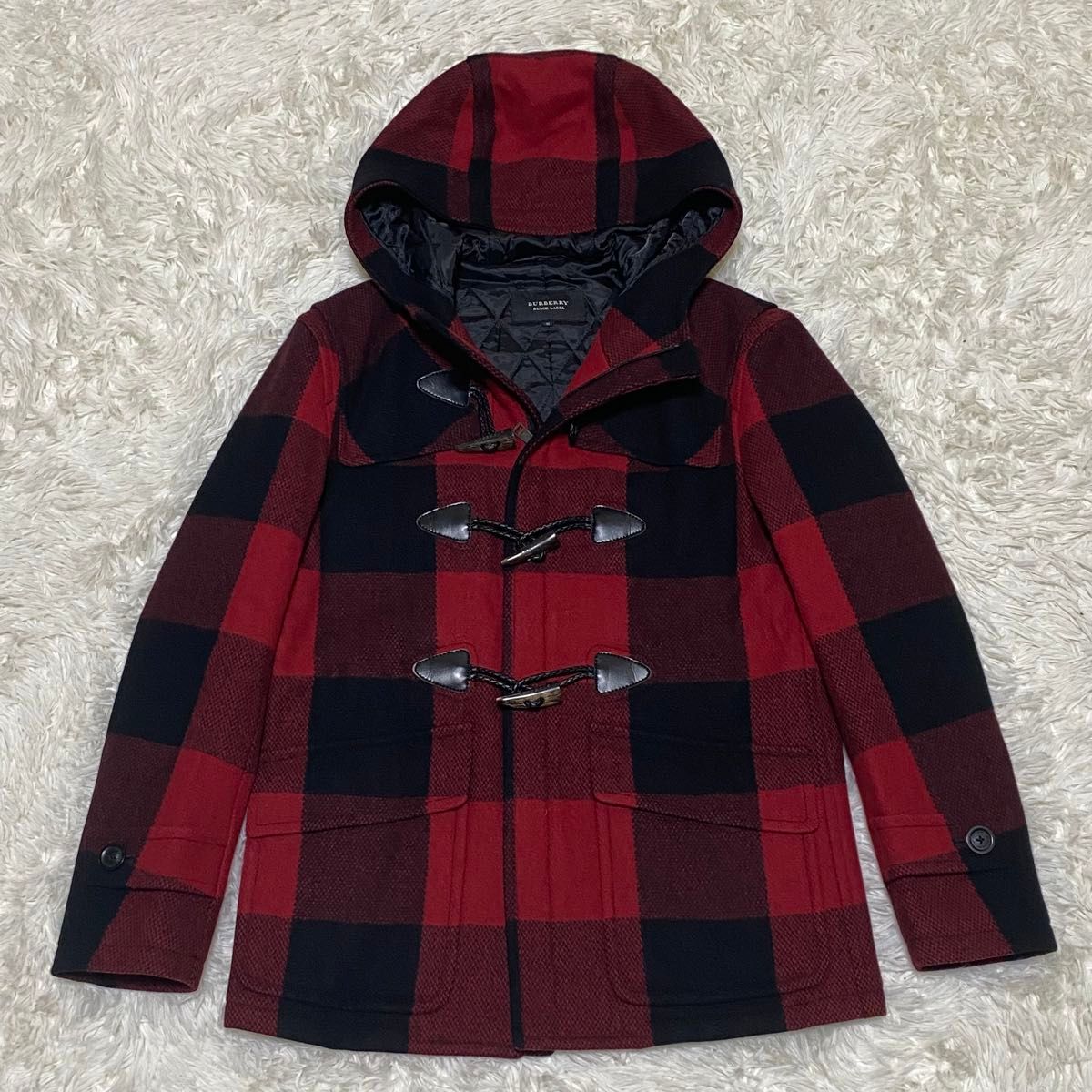 美品 BURBERRY BLACK LABEL ダッフルコート チェック 赤 バーバリー
