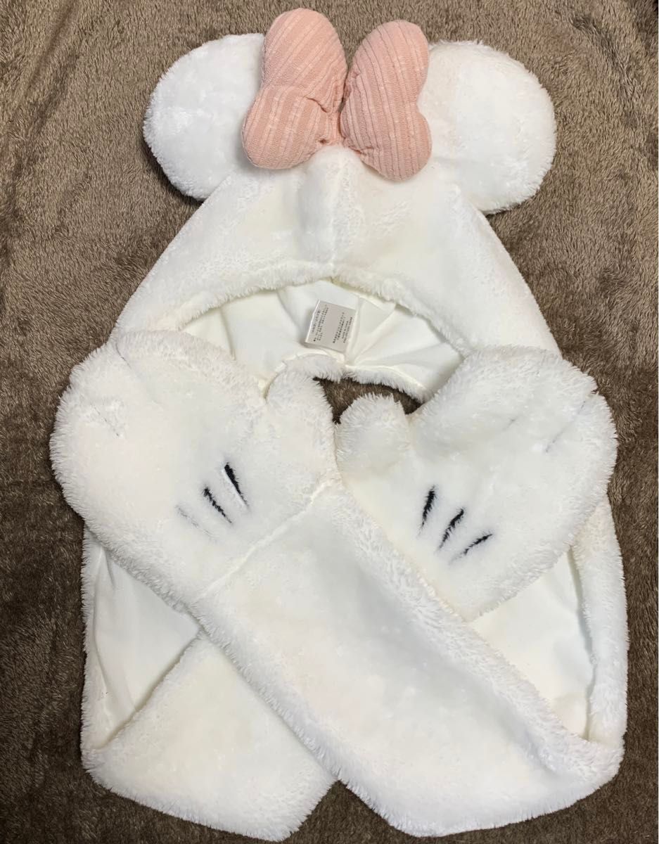 ディズニー ミニー 手袋付き ファンキャップ 白 もこもこ マフラー