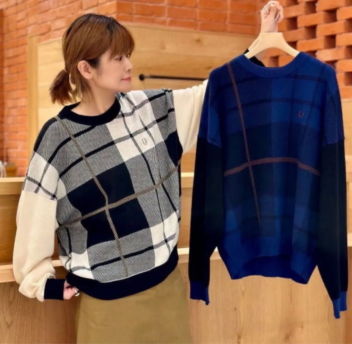 FRED PERRY × Ray BEAMS / 別注 タータンチェック ニット ネイビー