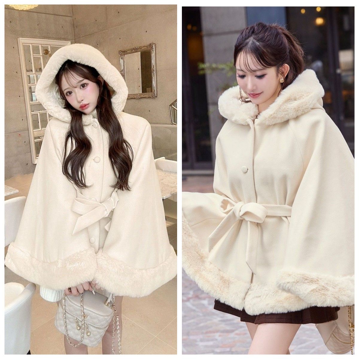 シェリミー cheri mi フードファーリボンポンチョ アイボリー｜Yahoo