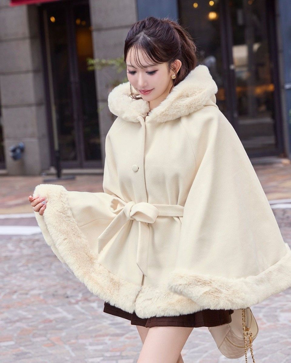 シェリミー cheri mi フードファーリボンポンチョ アイボリー｜Yahoo