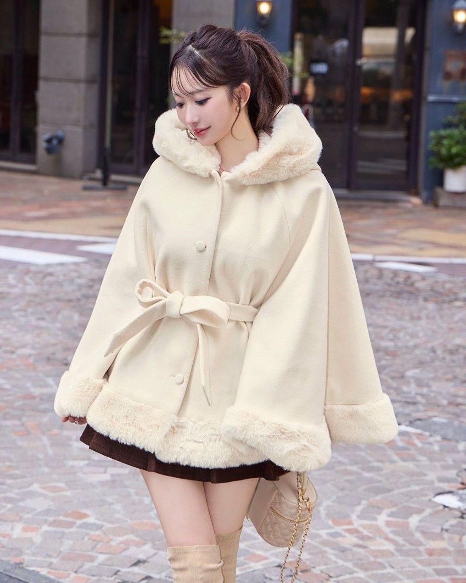 シェリミー cheri mi フードファーリボンポンチョ アイボリー｜Yahoo