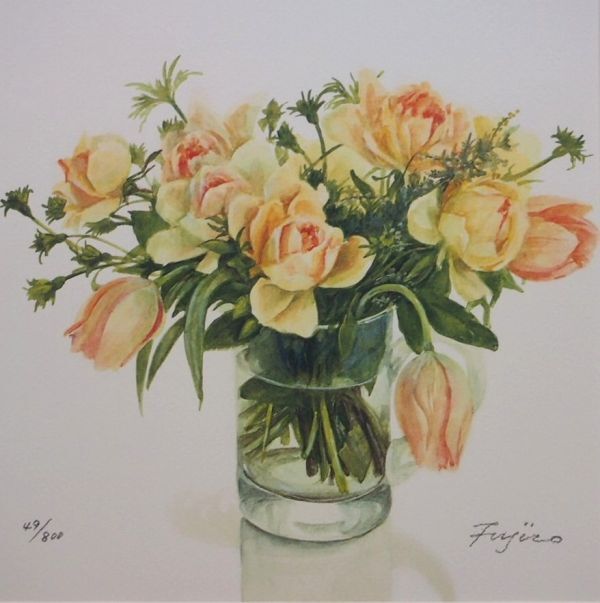 橋本不二子 水彩画家 ダイヤモンドスクリーニング版画「オレンジ色の