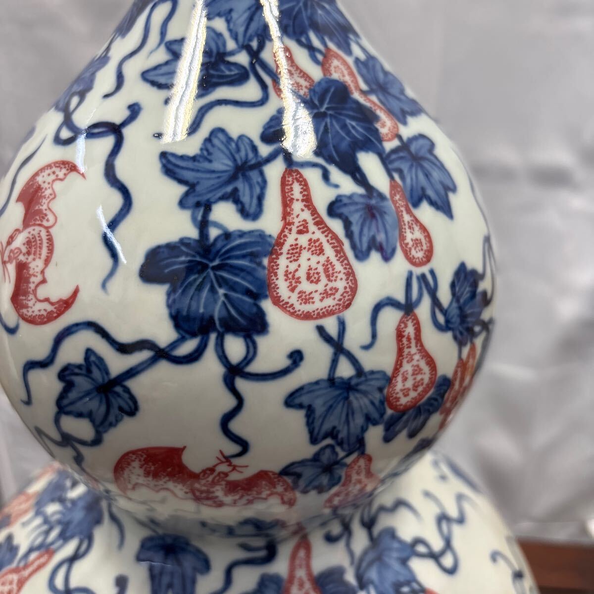 花瓶□中国古い染付 徳利型 瓢箪耳付き 鶴 龍紋 人物 古壷 景徳鎮 古玩