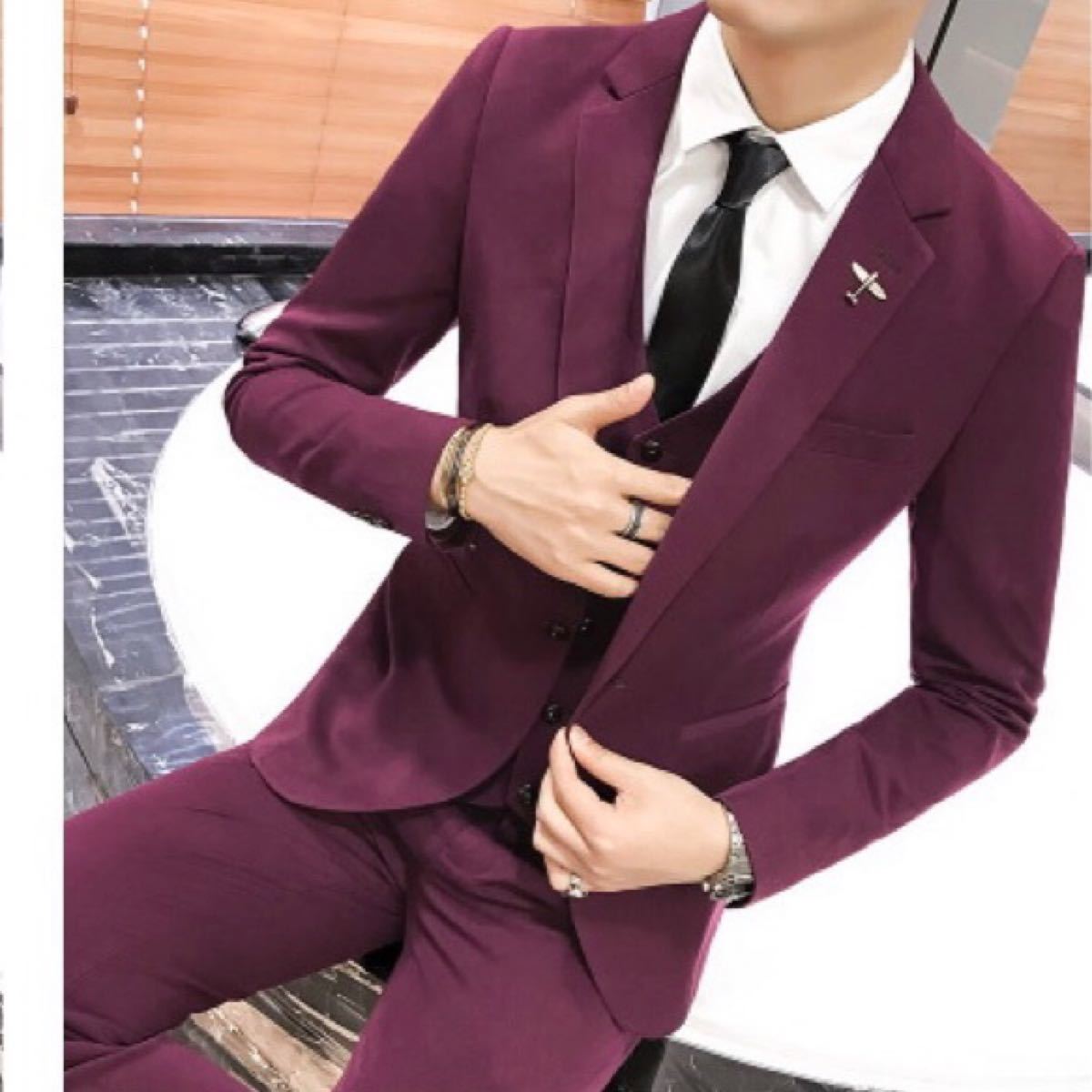 スーツ セットアップ ジャケット パンツ ベスト 3点セット 紫 パープル