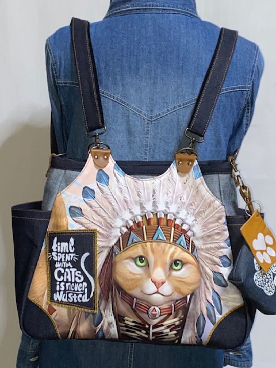☆岡山デニム☆ネコファー☆ステンシル☆トラ猫☆リュック対応☆4way