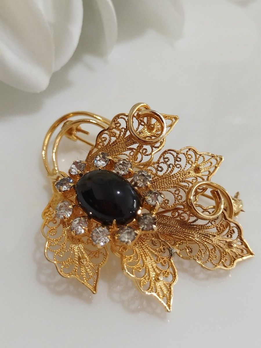 ヴィンテージ 昭和レトロ 天然石 ブラックオニキス ブローチ ライン