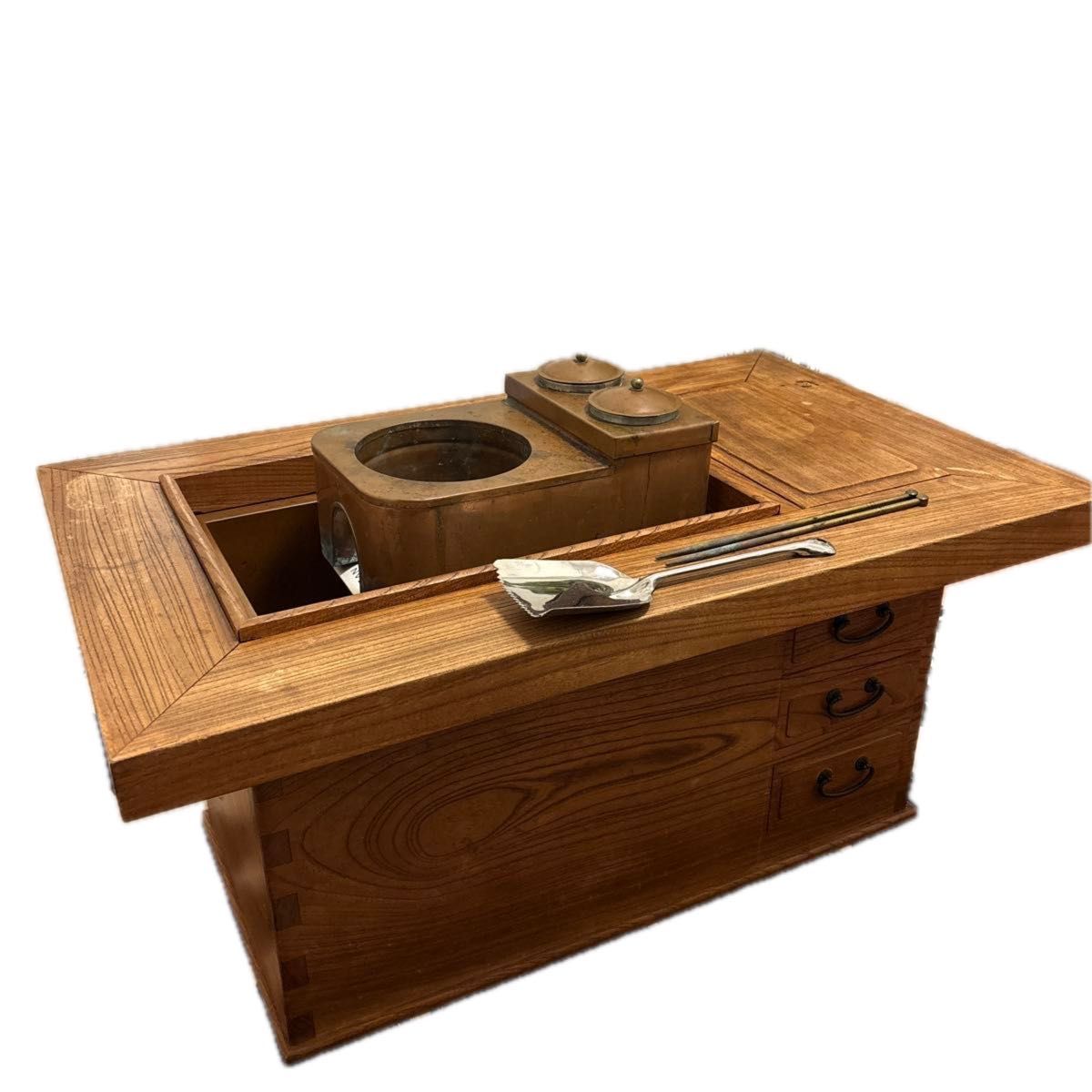 アンティーク 囲炉裏テーブル 関西火鉢 長火鉢 銅製コンロ＆酒燗器etc