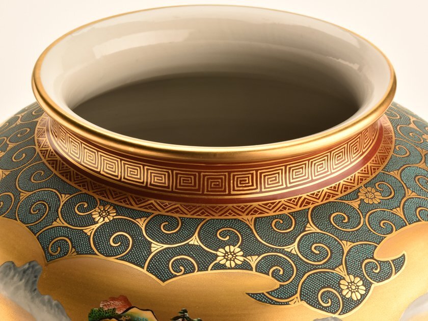 Yahoo!オークション - 【流】九谷焼 掬翠作 金彩青粒楼閣山水図大花瓶