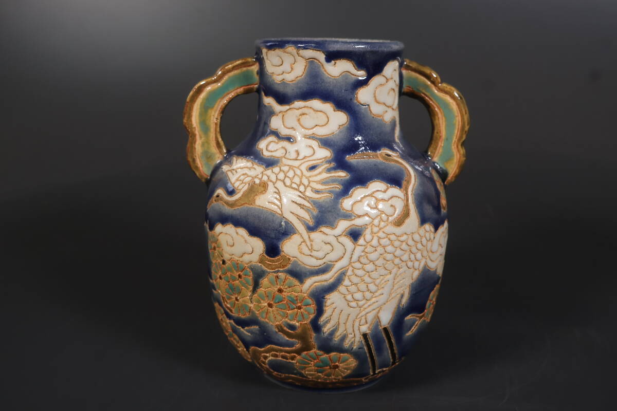 和 A2457 時代古作 時代唐物 色絵雲鶴図耳付花生 花瓶(
