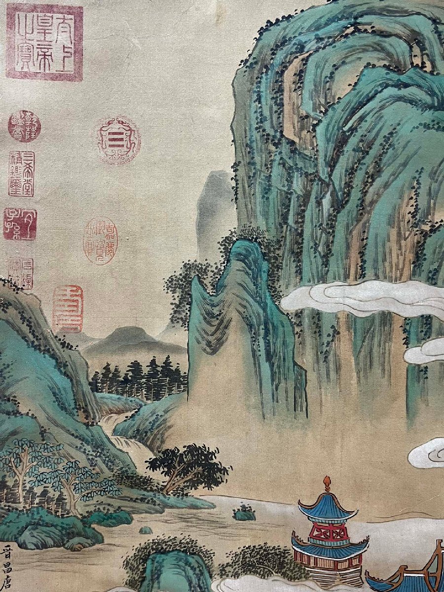 複製】明 唐寅『歩渓図』絹本掛軸 茶室掛 共箱 故宮博物院監製 山水図