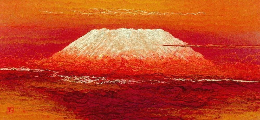 山内一生 赤富士 貼り絵切り絵 和紙工芸山内一生 赤富士 貼り絵