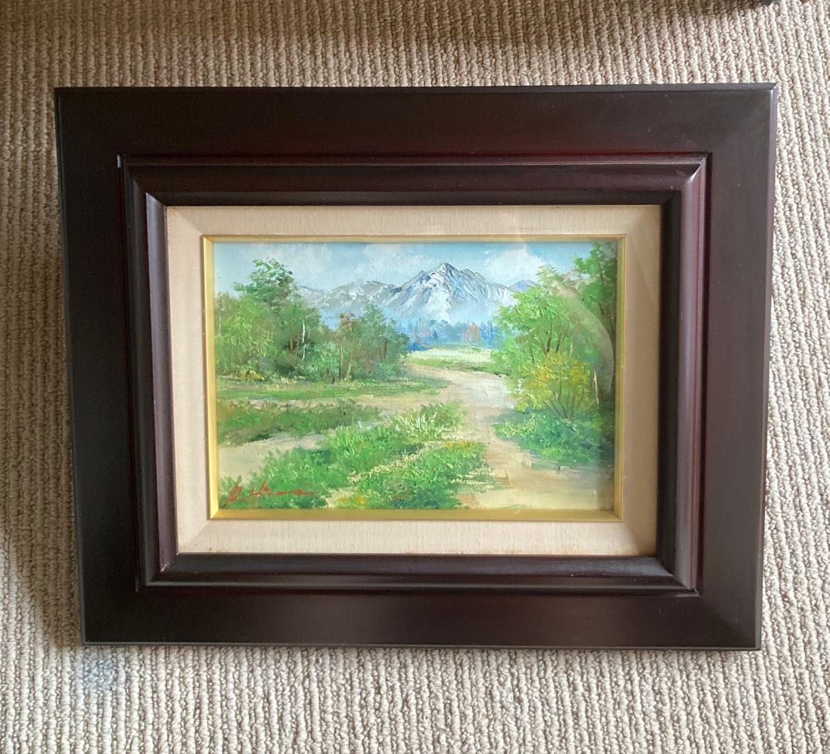 真作保証】 流月真一 新緑の穂高連峰 油彩 風景画 油絵 絵画 美術品 真