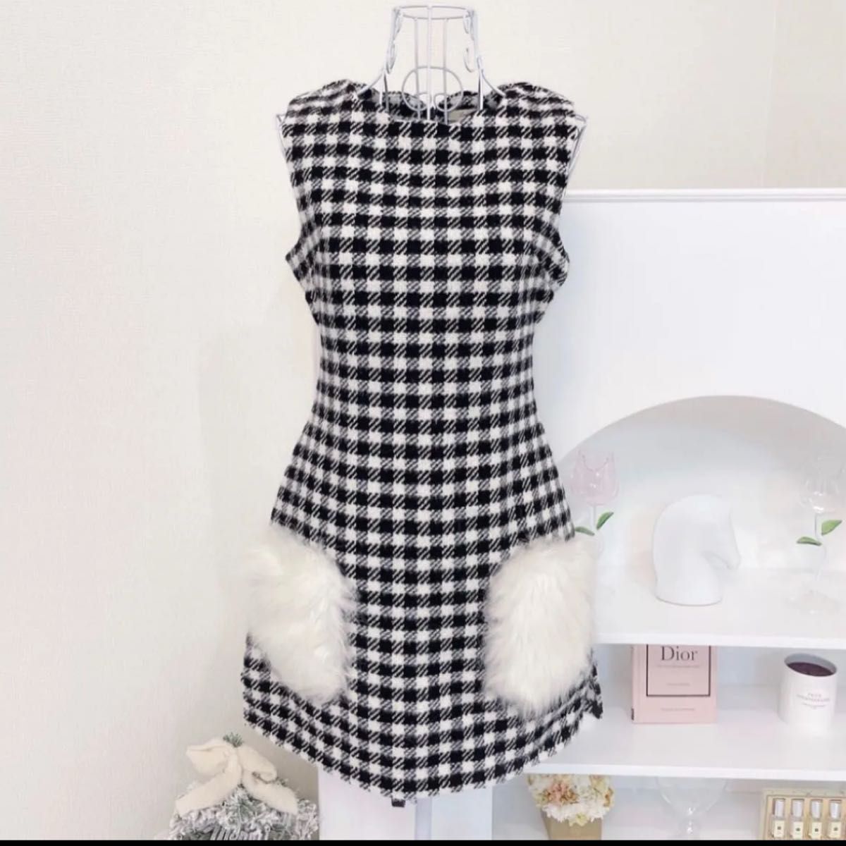lumignon ルミニョン 千鳥柄 チェック ファー ワンピース ノースリーブ