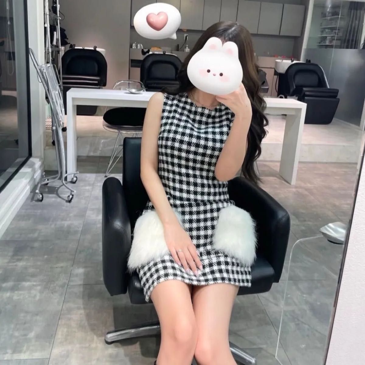 lumignon ルミニョン 千鳥柄 チェック ファー ワンピース ノースリーブ