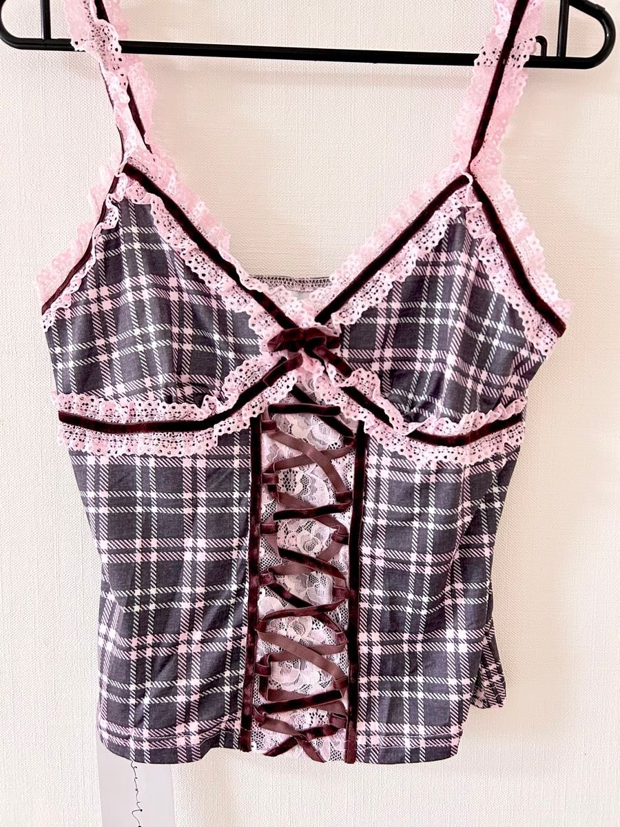 y2k リボン 編み上げ レースアップ キャミソール チェック 姫ギャル