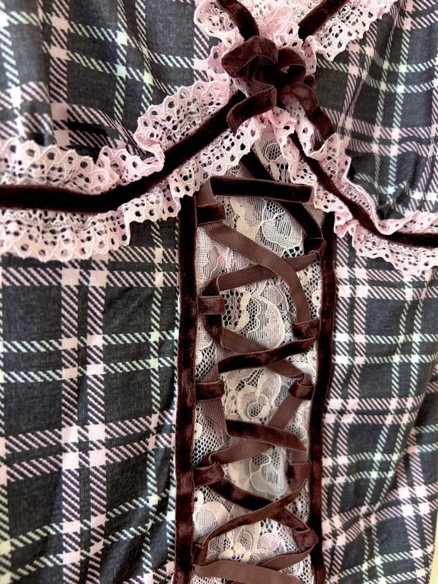 y2k リボン 編み上げ レースアップ キャミソール チェック 姫ギャル