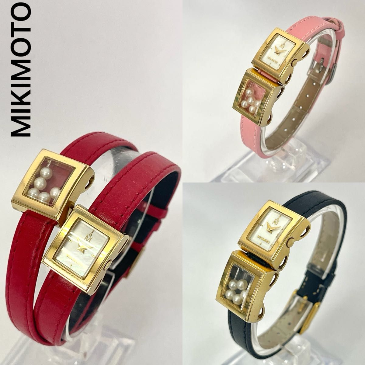 稼働 良品 MIKIMOTO パール 腕時計 レディース ミキモト 二重巻 レッド