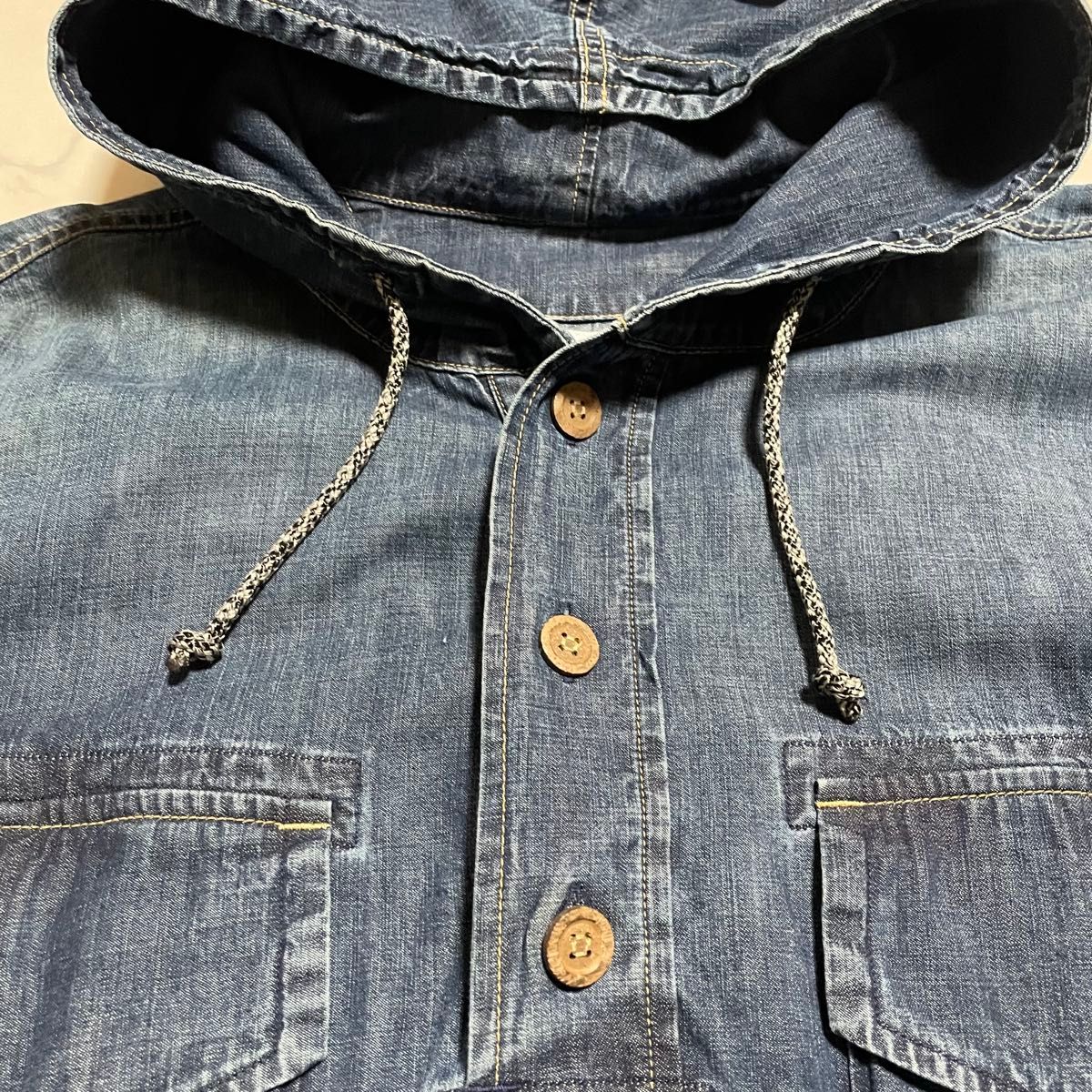 45R モンプチデニムのオンザビーチドレスインディゴ フード ワンピース