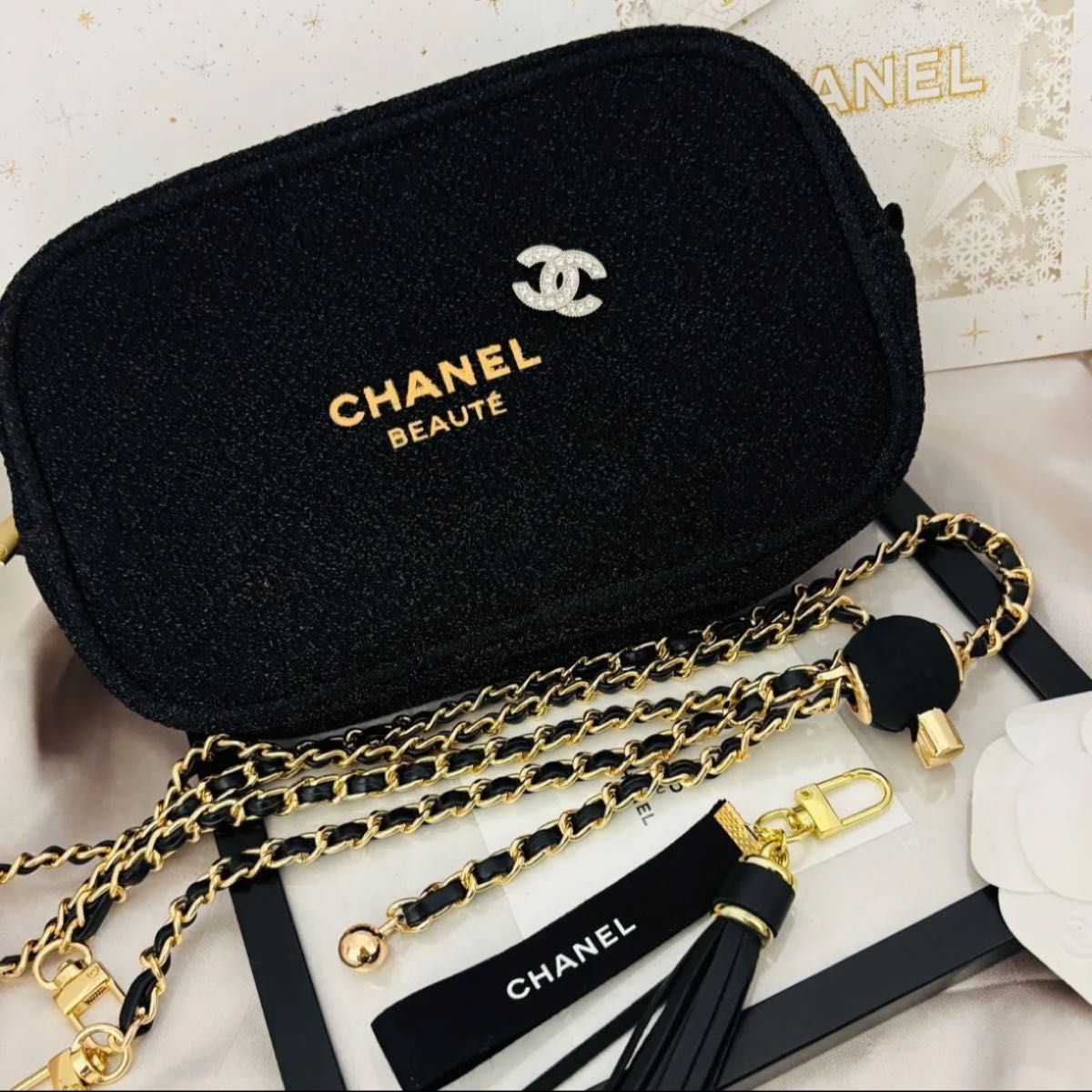 CHANEL ノベルティ ブラックラメ ショルダーバッグ調節可能チェーン
