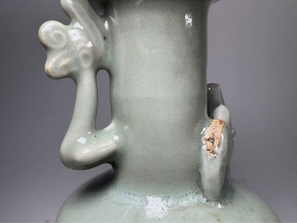 Yahoo!オークション - DH264 中国美術 龍泉窯 鳳耳青磁花瓶 時代物 唐