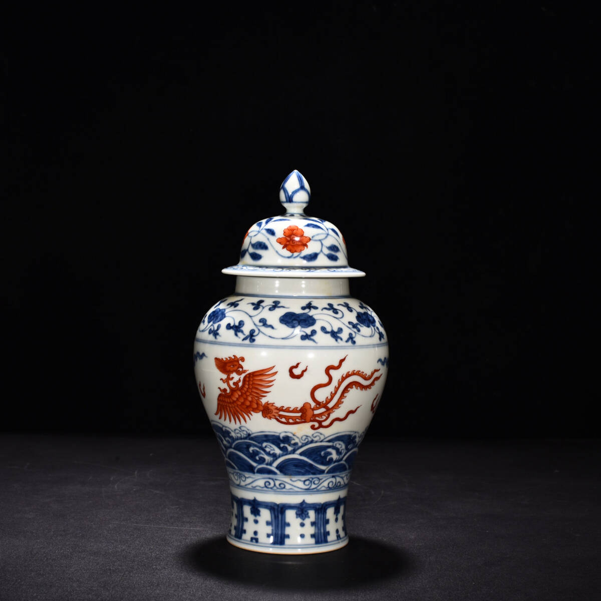 中国古美術 明洪武 青花釉裏紅麒麟紋梅瓶 青花磁 壺 唐物 時代物 古