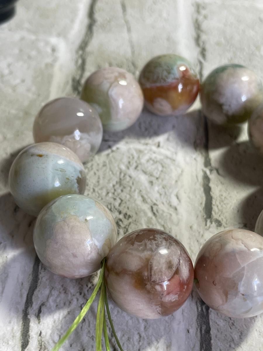 大玉 高品質 緑桜瑪瑙 ブレスレット 19ミリ玉 天然石 自然光撮影