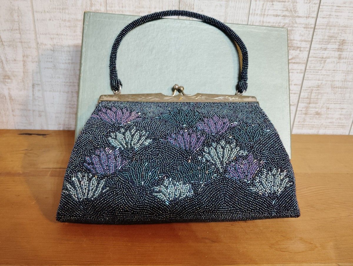 ビーズバッグ 青 紫 黒 ダークカラー 昭和レトロ ヴィンテージ 美品