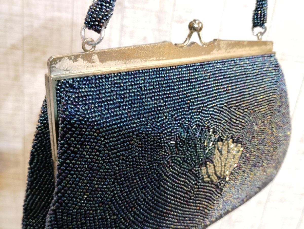 ビーズバッグ 青 紫 黒 ダークカラー 昭和レトロ ヴィンテージ 美品