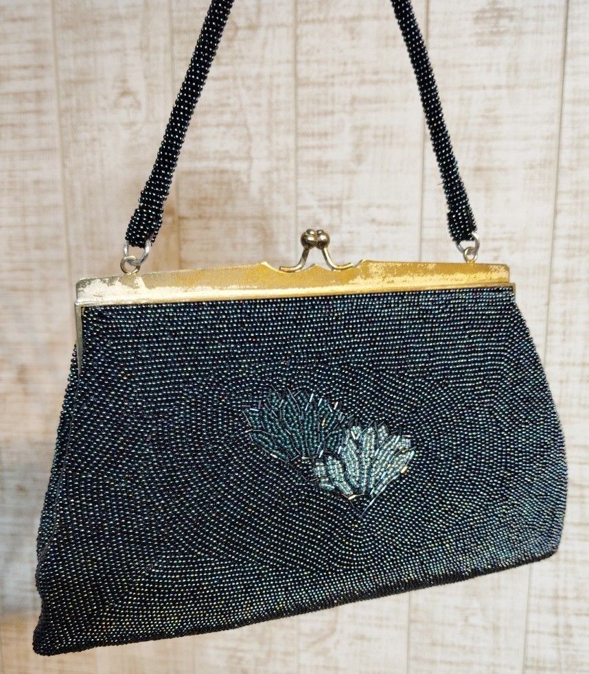 ビーズバッグ 青 紫 黒 ダークカラー 昭和レトロ ヴィンテージ 美品