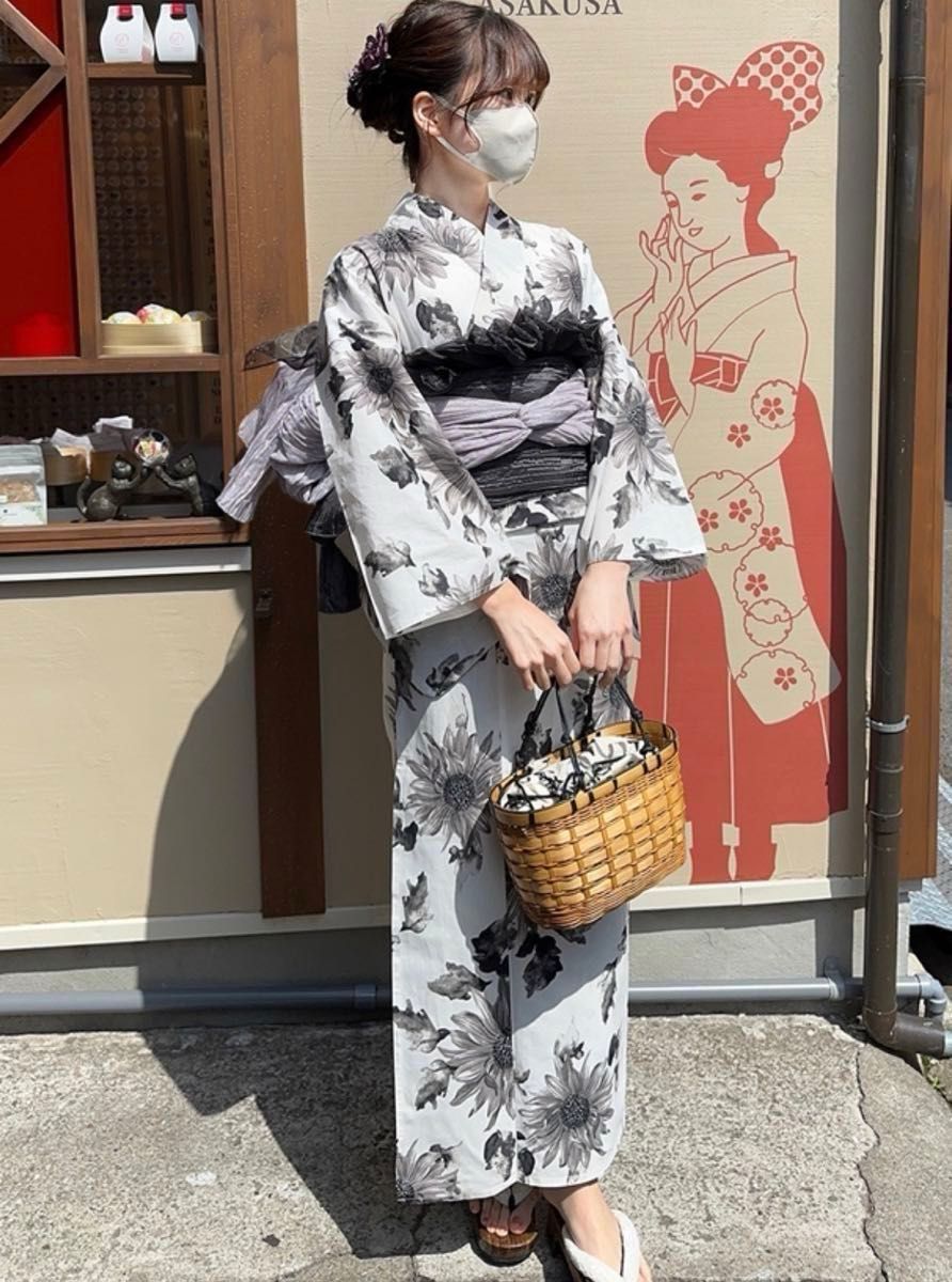 モノトーンひまわり浴衣セット gi1507 帯飾り パールレース モノトーン