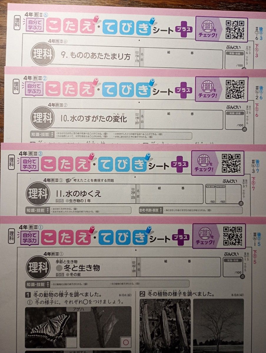 小学4年生 理科 解答 カラーテスト 小学校テスト 小4 こたえ・てびき