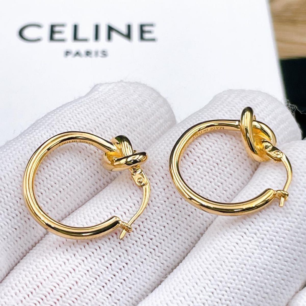 セリーヌ 新品仕上済 CELINE ノット スモール フープ ピアス ゴールド
